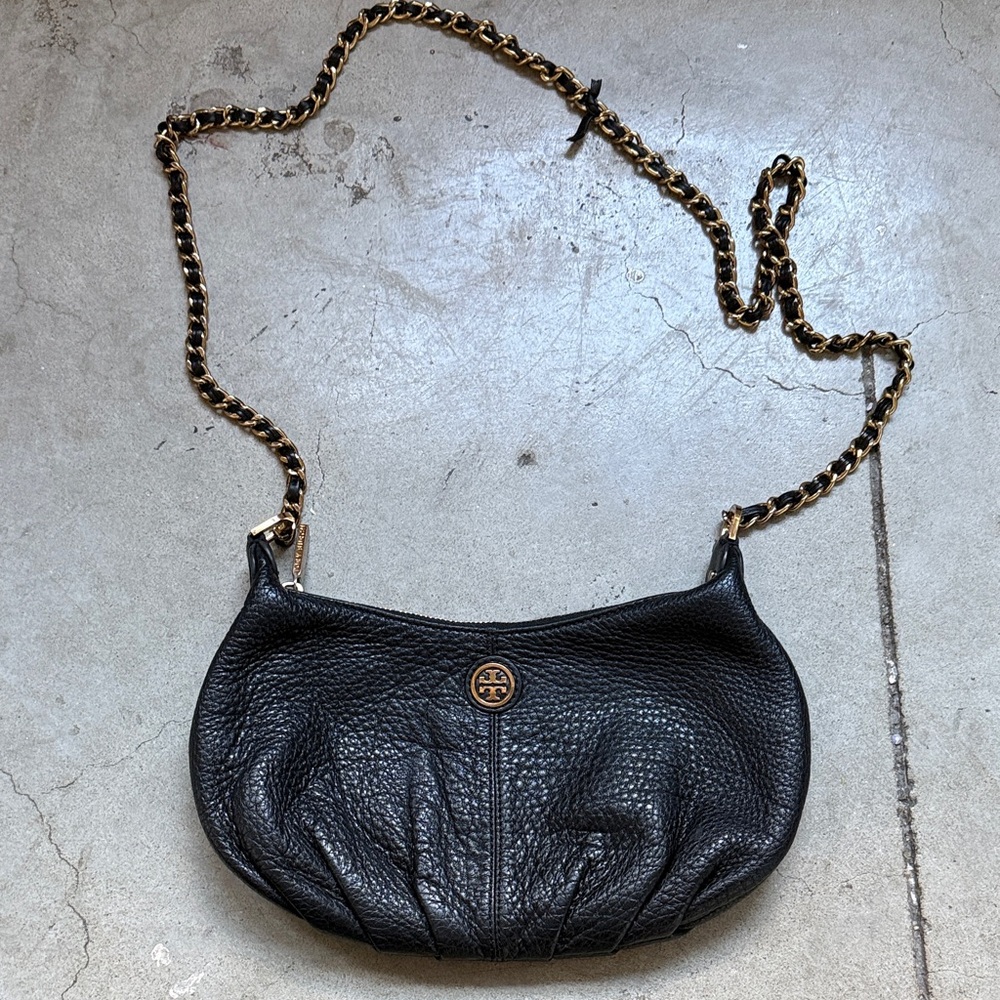 Tory Burch Black Leather Crossbody Bag with Gold Chain